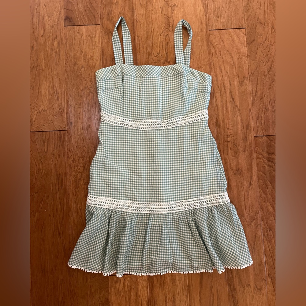 Gingham sheer lace green and white lined dress